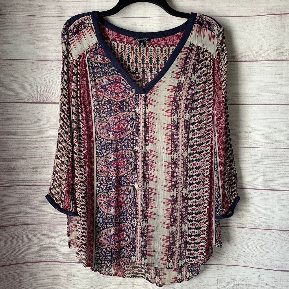Lucky Brand Boho Sheer Paisley Abstract Blouse V-Neck 3/4 Sleeves Size 1X